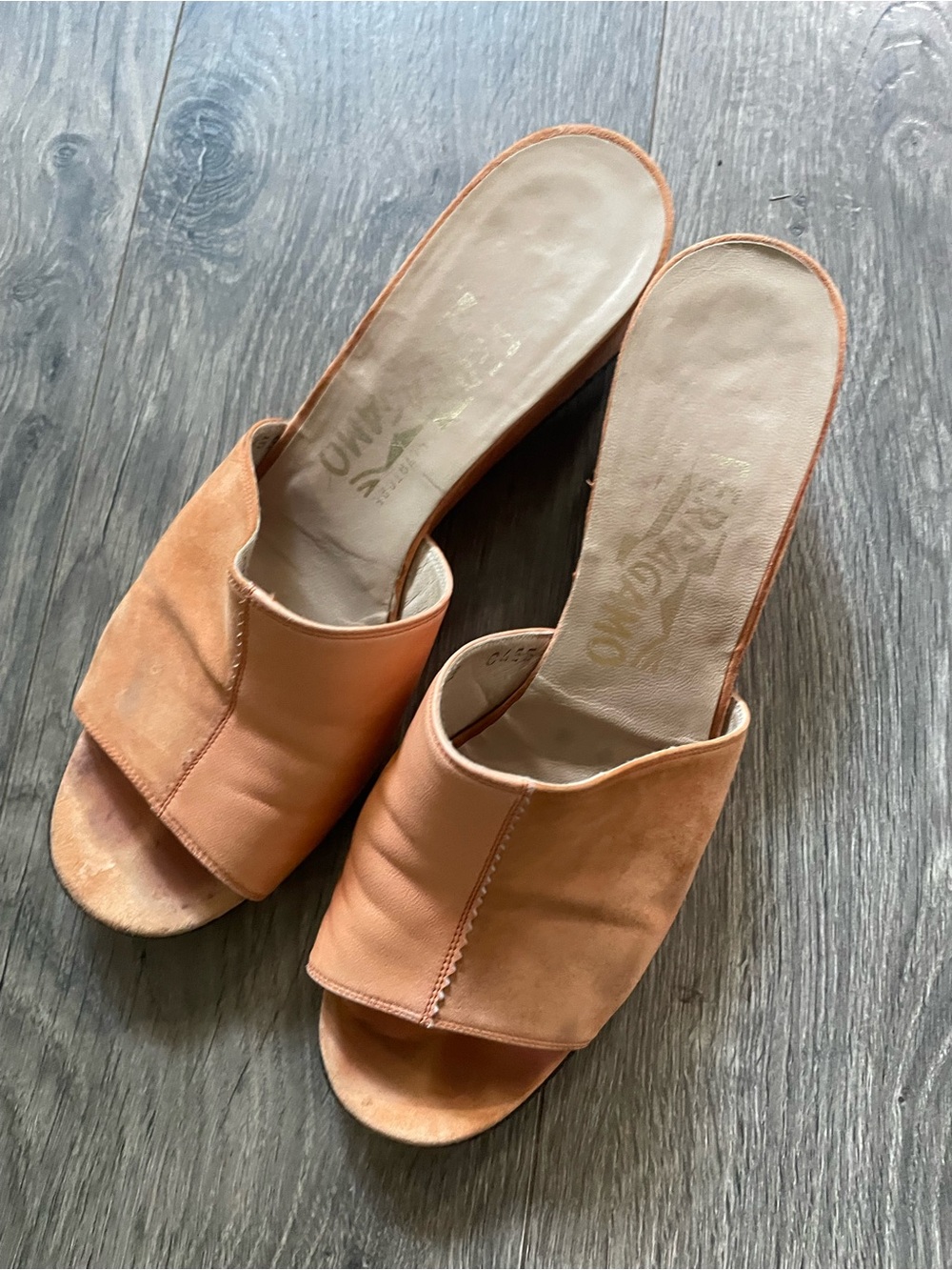 Salvatore Ferragamo Peach Leather Suede Wedge Slide Sandals